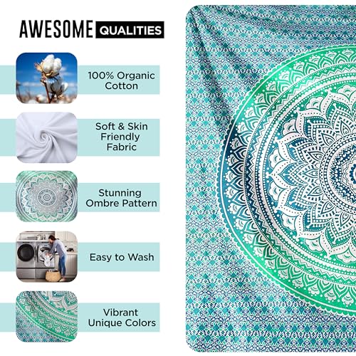 raajsee Green Ombre Mandala Tapestry Wall Hanging,Indian Cotton Beach Throw Blanket Hippie Tapestries,Boho Decor,Meditation Yoga Mat Rugs,52x82 inches - color: Green Ombre, size: 82"L x 52"W