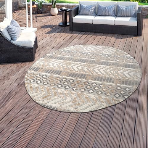 Rugshop Distressed Geometric Indoor/Outdoor Beige Round Area Rug Modern Tribal Stripe, Durable Stain Resistant Perfect for Patio, Backyard, Deck and Outdoor Lounge 8' Round - size: 7'10" x 7'10" (Rectangular)