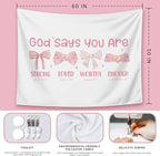 LIANGW Pink Coquette Bow Christian Tapestry, Inspirational Christian Tapestry for Women, Indoor Outdoor Wall Art Tapestries for Bedroom, Girl pink Room Decoration Living Room Bedroom 50x60 inches