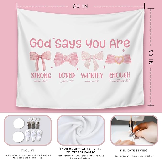 LIANGW Pink Coquette Bow Christian Tapestry, Inspirational Christian Tapestry for Women, Indoor Outdoor Wall Art Tapestries for Bedroom, Girl pink Room Decoration Living Room Bedroom 50x60 inches