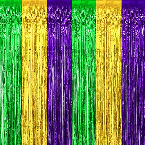 4 Pack Mardi Gras Foil Fringe Curtain Backdrop, 3.28Ft x 8.2Ft Gold Green Purple Metallic Tinsel Foil Fringe Streamers Curtains for Photo Booth, Wedding, Birthday, Carnival Party Decoration - color: Green,Purple