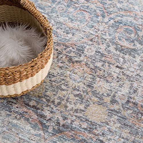 Bloom Rugs Caria Washable Non-Slip 7 ft Runner - Ocean Blue/Brick Traditional Runner for Entryway, Hallway, Bathroom, and Kitchen - Exact Size: 2'6" x 7' - color: Ocean Blue / Brick, size: 2'6" x 7' (Runner)