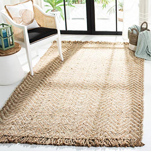 SAFAVIEH Natural Fiber Collection Accent Rug - 4' x 6', Bleach & Natural, Handmade Chevron Fringe Jute, Ideal for High Traffic Areas in Entryway, Living Room, Bedroom (NF458A) - size: 4' x 6' (Rectangular)