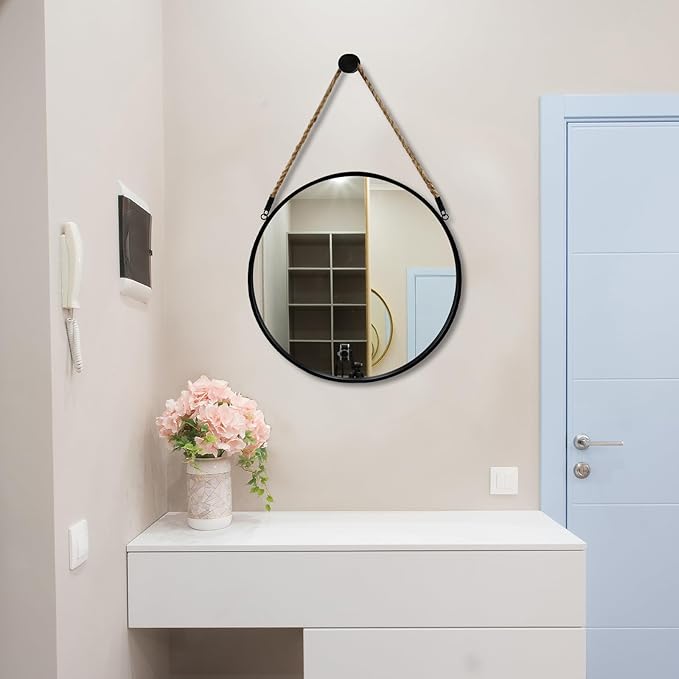 POZINO Round Hanging Mirror, 20" Rope Wall Mirrors Decorative, Black Metal Frame Circle Mirrors, Farmhouse Wall Mounted Mirrors for Bathroom, Bedroom, Living Room, Entryway, Home Decor