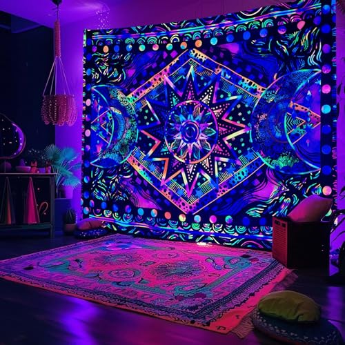Blacklight Sun and Moon Tapestry Glow in The Dark Neon Hippie Bohemian Tapestries for Bedroom Aesthetic UV Reactive Purple Celestial Tie Dye Tapestry Wall Hanging for Living Room Dorm (80'' × 60'') - color: Purple, size: 80"L x 60"W