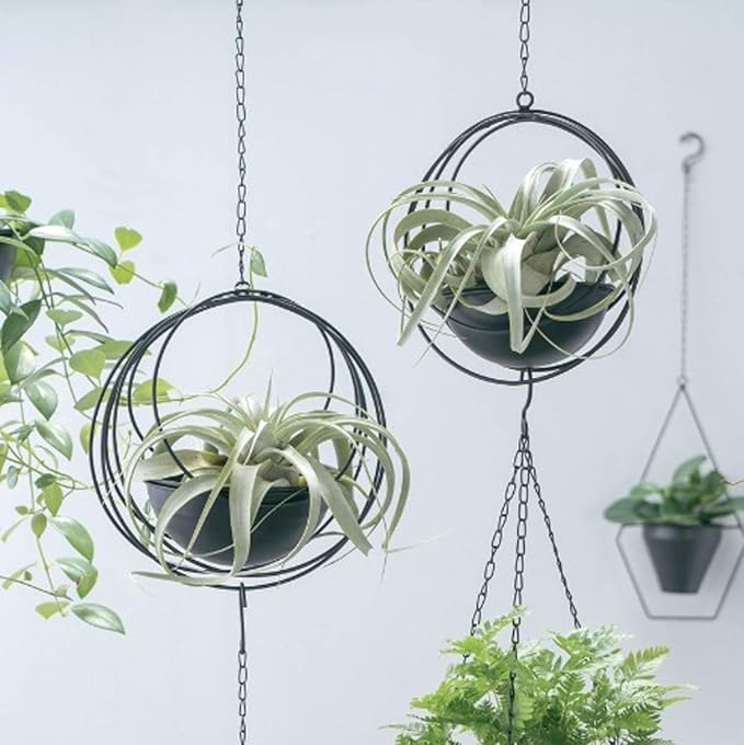 RISEON Boho Metal Plant Hanger,Metal Geometric Hanging Planter, Modern Planter, Mid Century Air Plant Holder Stand, Minimalist Planter for Indoor Outdoor Home Wedding Decor (Black)