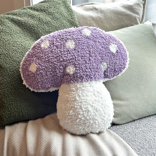 Mushroom Throw Pillow Tufted Decorative Cushion 15” x 15” – Decor for Bed, Couch, Living Room (Purple) - color: Purple