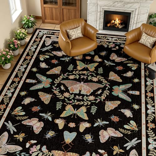 Unirea 5x7 Black Living Room Bedroom Area Rug, Large Washable Non Slip Rug for Dining Room Under Table, Kids Room, Home Office, Thin Soft Boho Stain Resistant Insect Bug Rug, Low Pile Carpet - color: Black, size: 5'x7'