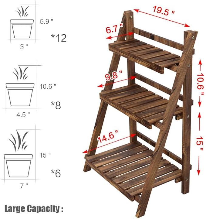 Yaheetech Folding Plant Stand Wooden Foldable Plant Shelf 3-Tier Flower Pot Stand Plants Display Shelf Rack Ladder Garden Indoors Outdoors 23.6 x 15 x 36.6in