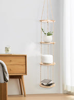 Hemp Rope Hanging Plant Shelf from Ceiling for Narrow Space or window Boho Hanging plant Shelves, Natural Pine Wooden Plant Stand Display for Indoor, Outdoor, Corner, Balcony, Living Room and Bedroom