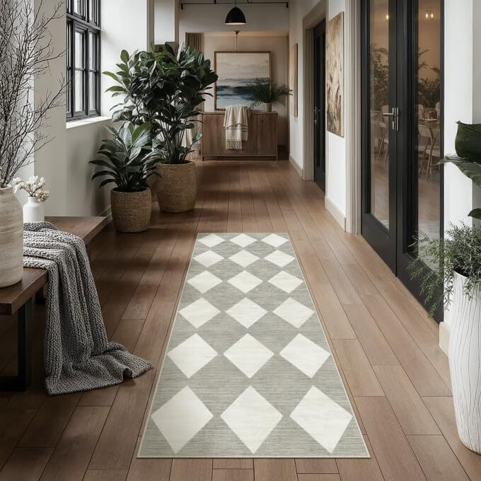 PureCozy 2x6 Runner Checkered Rug for Hallways Gray Washable Long Carpet Non-Slip Low Pile Boho Indoor Accent Throw Rug for Entrance Kitchen Bedroom Dining Laundry - color: Checkered Grey, size: 2' x 6' (Runner)