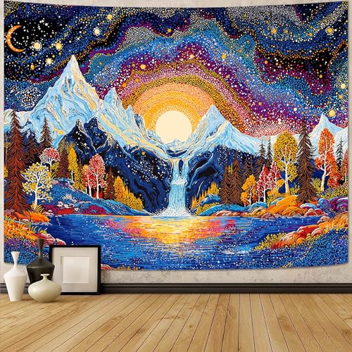 Lunerfex Starry Mountain Waterfall Sunrise Wall Tapestry, Trippy Cosmic Landscape Tapestries for Room Decor, Vibrant Tapestry 80x60 Inch - color: Vibrant Gold Blue, size: 80"L x 60"W