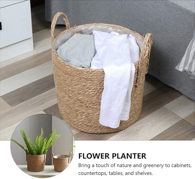 Zerodeko Flower Vase Seagrass Planter Basket Straw Plant Baskets Woven Basket Flower Plant Pot Wicker Plant Containers with Plastic Liner for Indoor Plants Laundry Room 25cm Grocery Basket