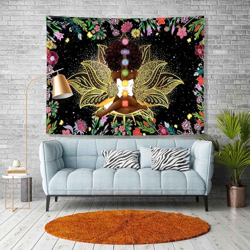 Ine Ive African Chakra Tapestry African American Woman Zen Meditation Tapestries 40x30 Inch Starry Sky Flower Garden Inspirational Afro Yoga Wall Art for Bedroom Dorm Decor - size: 40"L x 30"W