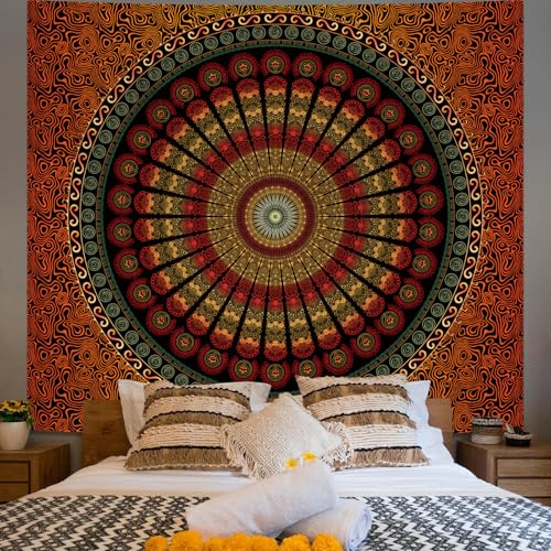 Apdidl Boho Mandala Tapestry for Bedroom, Large Hippie Bohemian Indian Ceiling Wall Tapesries, Floral Peacock Mandala Orange Wall hanging Blanket Aesthetic for Living Room Dorm Beach Decor (60" X 79") - color: A-Mandala Orange Tapestry, size: 79"L x 60"W