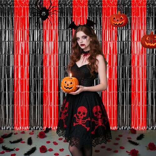 TONIFUL 2Pcs Black and Red Fringe Backdrop Curtain 2026 Graduation Party Metallic Tinsel Foil Fringe Photo Booth Backdrop Door Streamers for Birthday Bachelorette Halloween New Year Party Decorations - color: Black Red