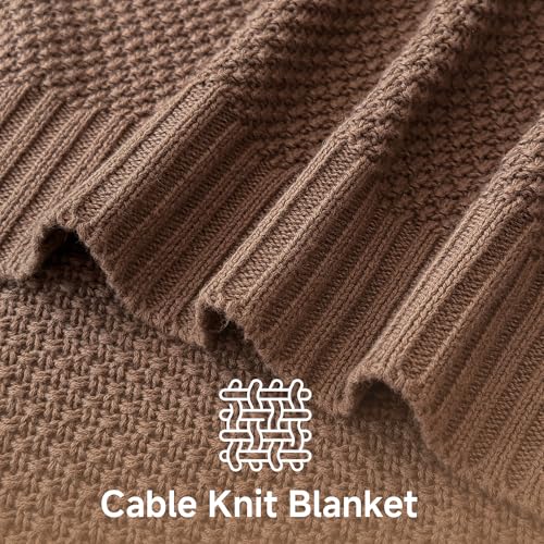 Simple&Opulence 100% Cotton Blanket Queen Size, Solid Color Cable Knitted Blanket Super Soft Comfortable Breathable Decorative Farmhouse for Couch Sofa Bed, All Season Use(Coffee,90x90) - color: Coffee, size: Queen Size 90x90"