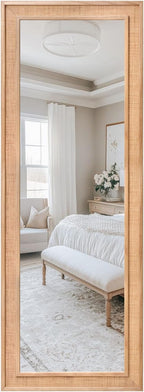 Rattan Full Length Mirror 27"x67", Boho Farmhouse Rectangle Floor Mirror, Solid Wooden Frame Woven Rattan Wall Mirror, Hanging Full Body Mirror for Living Room Bedroom Bathroom Entryway Nature