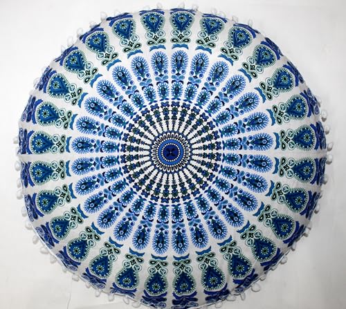 Sky Green Peacock Round Mandala Floor Pillow Cover Seating Cushion Throw Cover Hippie Decorative Bohemian Ottoman Pouf Cover, Pom Pom Pillow Cases,Boho Indian 32 Inches - color: Sky Green, size: 32" Round