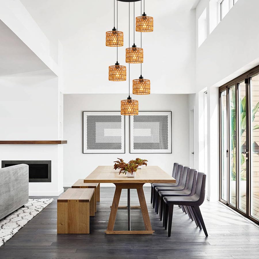 6-Light Coastal Chandelier Hand Woven Wicker Ceiling Lamp E26 Base Black Rustic Adjustable Long Staircase Hanging Lights for Farmhouse Kitchen Island, Boho Rattan Light Fixture - color: 6-Light