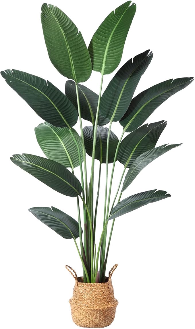 Artificial Bird of Paradise Plants 6 Ft Fake Tropical Palm Tree with 13 Trunks in Pot and Woven Seagrass Belly Basket Perfect Faux Plant for Home Indoor Outdoor Office Modern Decor Green 1Pc…