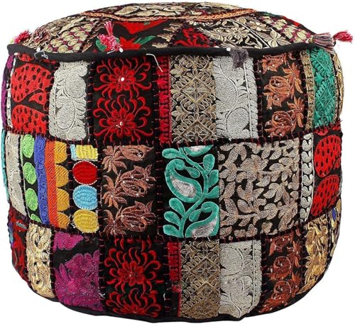 Bohemian Indian Patchwork Ottoman Pouf Cover – 14"x22" inchRound Cotton Embroidered Footstool Pillow – Vintage Ethnic Decor, Black (Cover Only) - color: Black, size: 22"D x 22"W x 14"H