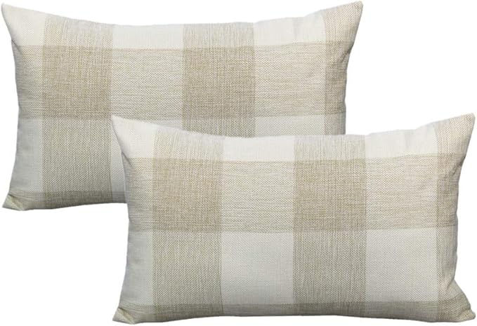 VAKADO 12x20 Inch Farmhouse Throw Pillow Covers Beige White Buffalo Plaids Decorative Farm Retro Checkers Linen Lumbar Cushions Home Decor for Sofa Couch Set of 2