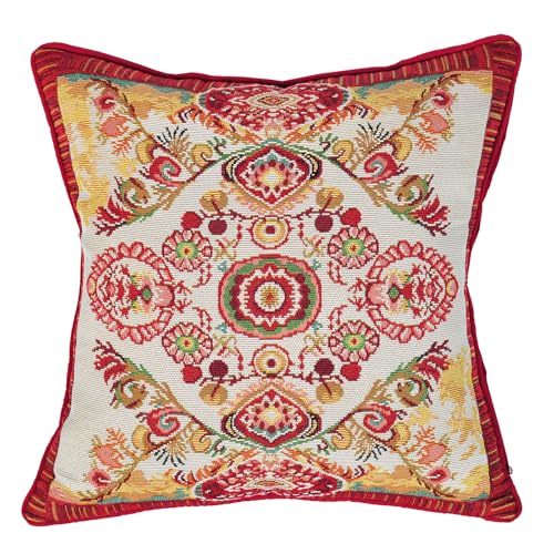 Jacquard Woven Throw Pillow Cover 18x18 Inch, Bohemian Medallion Tapestry Cushion Case, Red TC Fabric Back, Durable Piped Edges, Hidden Zipper Accent Pillow Shell for Sofa Couch Bed Decor - color: Crimson: Mandala Pattern