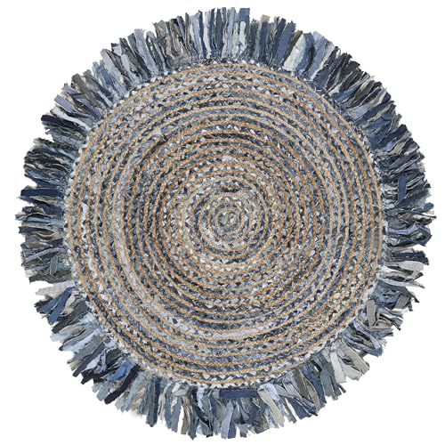 SAFAVIEH Cape Cod Collection Area Rug - 5' Round, Ivory & Denim, Handmade Boho Fringe Jute & Cotton, Ideal for High Traffic Areas in Living Room, Bedroom (CAP206D) - color: Ivory/Denim, size: 5' (Round)