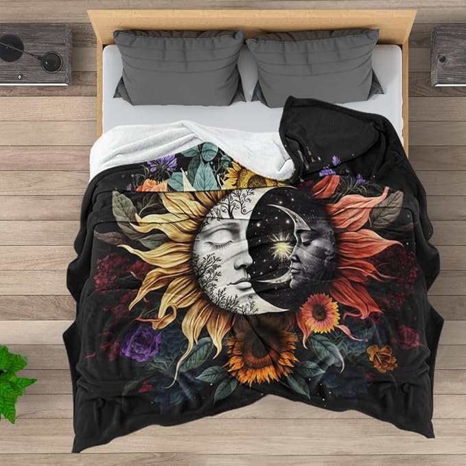 Celestial Sun Moon Flannel Blanket Boho Mid Century Day and Night Throw Blanket Farmhouse Colorfl Sunflower Throw Blanket Bed Blanket Yellow Flowers Plush Blanket for Bedroom Decor 50"x60"