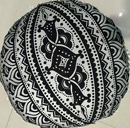INDIAN CRAFT CASTLE 24" Black Silver Mandala Barmeri Large Floor Pillow Cover Cushion Meditation Seating Ottoman Throw Cover Hippie Decorative Zipped Bohemian Pouf Ottoman Pom Pom Cases 24" Round - color: Black Silver, style: 24 Inch Round