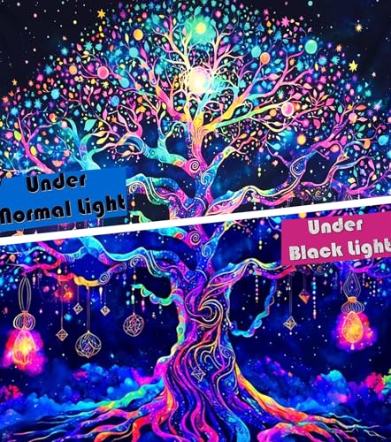 TUGCAY Blacklight Tree of Life Tapestry UV Reactive Tree Tapestries Nature Galaxy Space Tapestry Colorful Starry Sky Wall Hanging Decor for Bedroom (60" X 80") - size: 80"L x 60"W