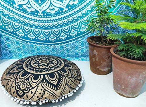 CRAFT KALA Mandala Floor Pillow Cushion Cover Seating Throw Cover Hippie Decorative Bohemian Ottoman Poufs Pom Pom Pillow Cases Boho Indian Cotton Living Room Home Décor 24" Round Black Gold Flower - color: Black Gold Flower, size: 24" x 24" (Pack of 1)