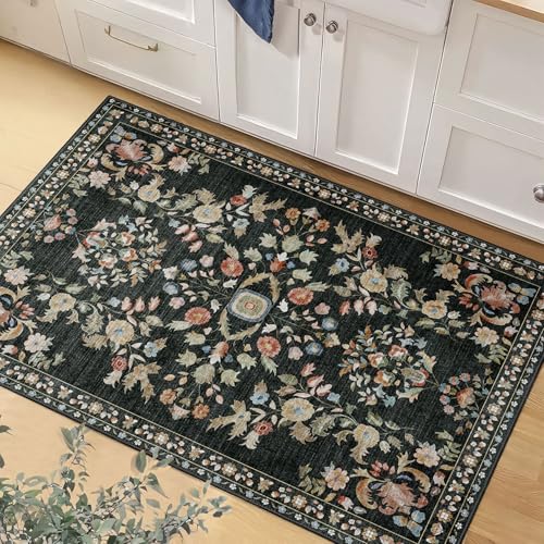 MUJOO Small Rug Washable,Black 2x3 Area Rugs for Entryway,Floral Front Door Mat Indoor Entrance Entry Way,Boho Kitchen Bathroom Floor Rug Throw Carpet Non Slip Low Pile Vintage - color: Black, size: 2' x 3' (Rectangular)