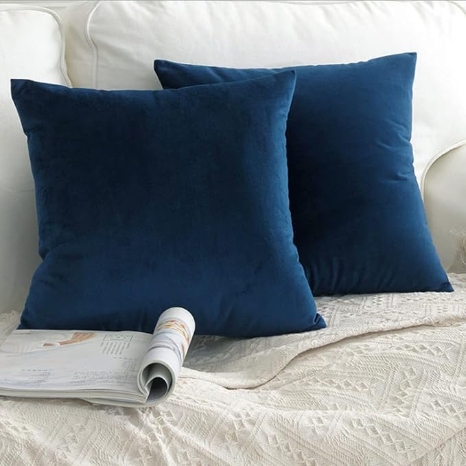 2 Pack Soft Velvet Couch Throw Pillow Covers 18x18 Inch for Sofa Living Room Bedroom (Navy Blue)