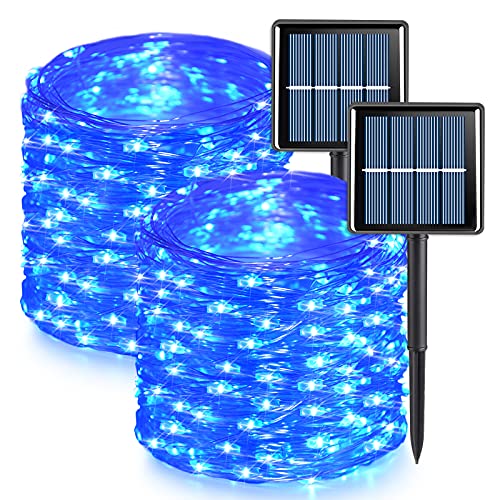 QITONG Solar Fairy Lights Outdoor Waterproof, 2 Pack Each 66ft 200 LED Blue Christmas String Lights, Silver Wire Twinkle Mini Lights with 8 Modes - color: Blue