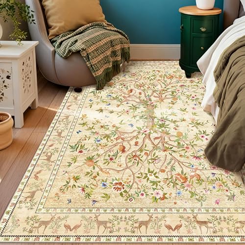 3x5 Area Rug Washable, Non-Slip Small Rug Carpet, Floral Boho Low Pile Soft Throw Rugs for Entryway, Bedroom, Kids Room, Dorm, Office, Nursery, Vintage Home Decor（Beige） - color: Beige, size: 5' x 3' (Rectangular)