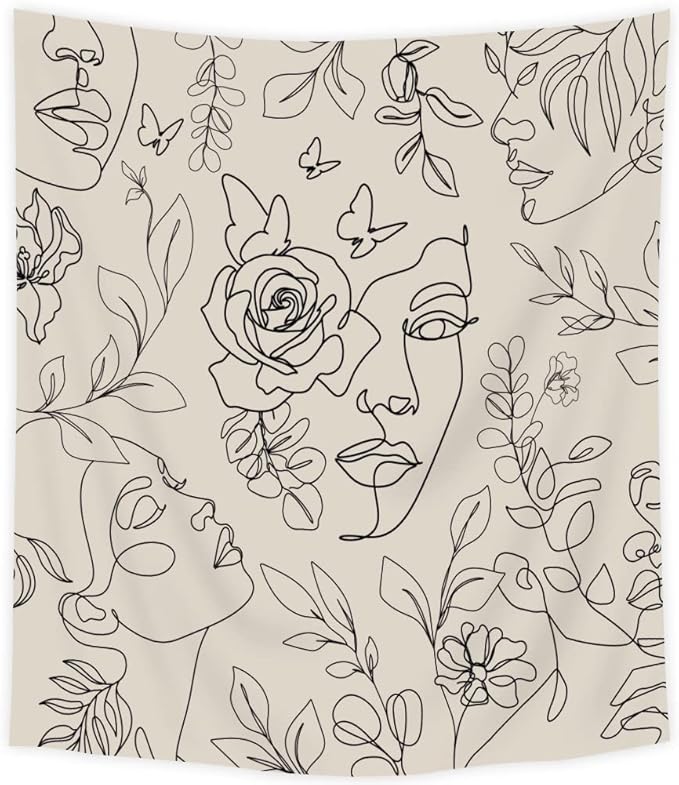 SVBright Abstract Woman Face Tapestry 51Wx59H Inch Floral Leaves Butterfly Art Line Lady Beige Black Flower Aesthetic Modern Sketch Minimalist Simple Wall Hanging Bedroom Living Room Dorm Decor Fabric