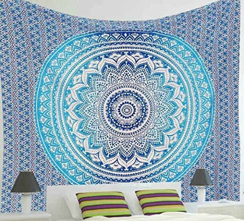 ANJANIYA Ombre Wall Hanging Bohemian Tapestry, Metallic Wall Art Bedspread, Psychedelic Hippie Mandala Dorm Décor for Hanging, Bedding, Beach Coverlet Curtain, Blue, Twin 55"X85" - color: Blue, size: 85"L x 55"W