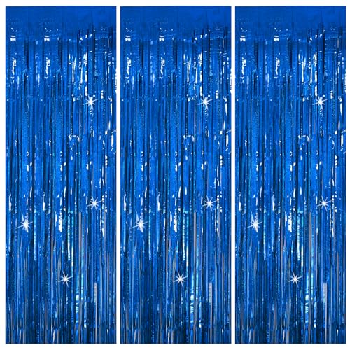 BOMSI 3 Pack Blue Backdrop Party Streamers Ocean Themed Decor Birthday Party Decorations Foil Fringe Backdrop Curtain Graduation Bachelorette Winter Holiday Gender Reveal Party Decorations Supplies - color: Dark Blue