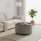 30 Inch Round Storage Ottoman Coffee Table, Modern Boucle Ottoman with Lift-Off Lid and Solid Wood Legs for Living Room, Bedroom, Corners, Apartments (Light Grey)