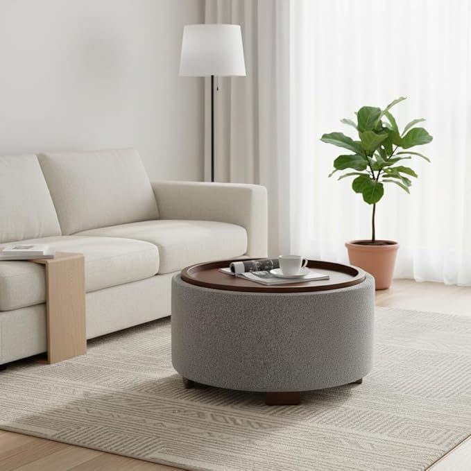 30 Inch Round Storage Ottoman Coffee Table, Modern Boucle Ottoman with Lift-Off Lid and Solid Wood Legs for Living Room, Bedroom, Corners, Apartments (Light Grey)