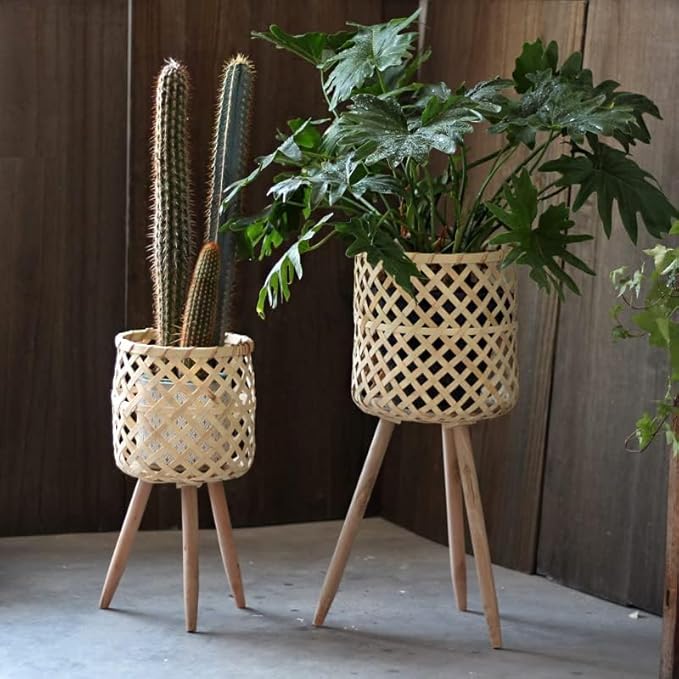 RISEON Set of 2 Handmade Mid Century Modern Planter, Rustic Indoor Rattan Basket Flower Pot Plant Stand,Large Floor Planter