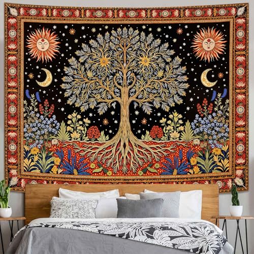 Lunerfex Tree of Life Wall Tapestry - Celestial Sun & Moon Wall Hanging for Bedroom and Living Room Decor - Boho Starry Night Tapestries 60"x44" - color: Black Orange, size: 60"L x 44"W