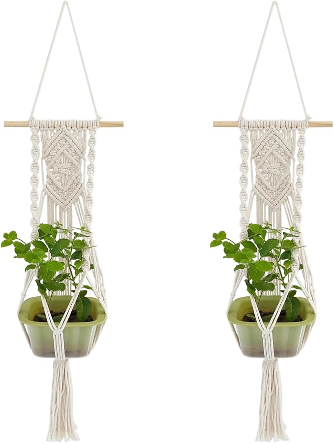 Boho Macrame Plant Hangers Set of 2 - Hanging Planter with Patterns, Handmade Cotton Rope Hanging Baskets for Indoor Outdoor Plants, Bohemian Home Wall Decor Art