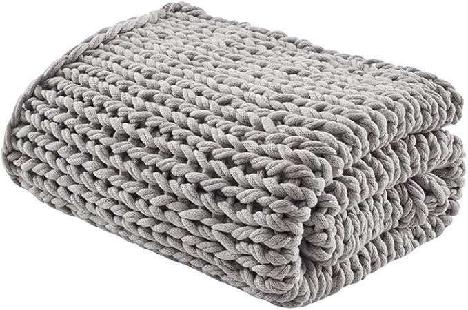 Madison Park Boho Throw, Soft Blanket Handmade Gift Home Decor, Lightweight & Breathable All Seasons Spring Chunky Knit, Knitted Throw for Couch, Bed Blanket, 50"x60" Grey