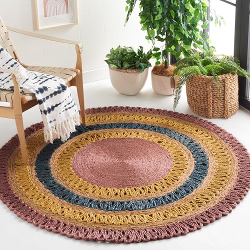 SAFAVIEH Natural Fiber Round Collection 5' Round Lavender / Multi NF201A Handmade Boho Charm Farmhouse Jute Area Rug - color: Lavender/Multi, size: 5' (Round)