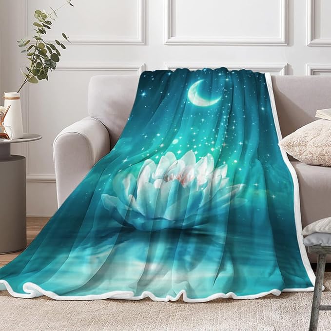 Galaxy Space Throw Blanket Moon Flower Stars Print Decor Soft Warm Cozy Blanket Plush Teal Throws Blankets for Women Girls Kids Couch Travel Livingroom Bedroom Decor 50 x 60 Inch