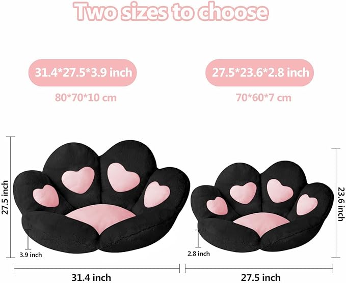 Ditucu Cat Paw Cushion Kawaii Chair Cushions 31.4 x 27.5 inch Cute Stuff Heart-Shaped Seat Pad Comfy Lazy Sofa Office Floor Pillow for Gaming Chairs Room Decor Black