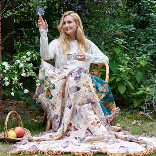 Boho Butterfly Throw Blanket 50"x60" Couch Blanket,100% Cotton Reversible Soft Breathable Lightweight Spring Decorative Blankets with Tassels for Sofa Bed Decor All Season - color: Butterfly-white, size: 50"x60"